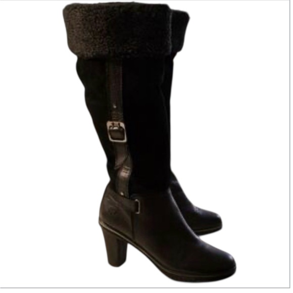 Pajar Shoes - Pajar knee-high boot black leather and suede Sherpa cuff, leather strap detail
